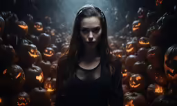 a beautiful young lady standing in front of pumpkins