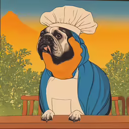a painting of a dog wearing a hat and scarf