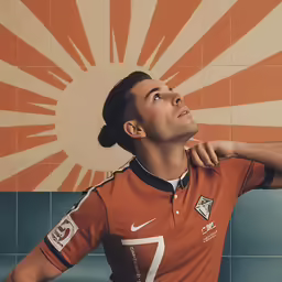 the man poses in front of the sun symbol with his hands on his hips