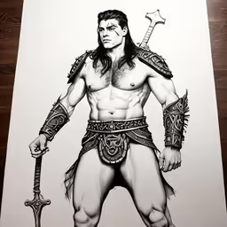 drawing of an old man as a warrior with his sword and helmet