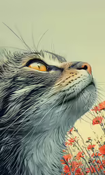 a painting of a cat in a field with orange flowers