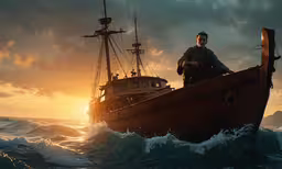 a man sitting in a boat on top of the ocean,a person in a boat in the ocean