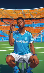 a picture of a soccer player posing with one hand up,a man sitting in a chair at a soccer field