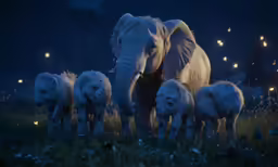 a group of white elephants walking around a field