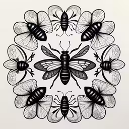some black and white bees sitting in a circle,some bees with black and white markings in a circular arrangement