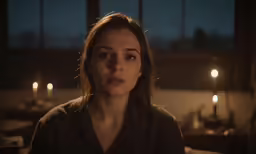 a woman with long brown hair sitting in front of a window with lit candles on it