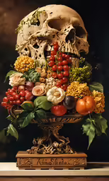 a picture of an artistic food arrangement of fruit and a human skull