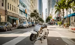 the motor bike is parked in front of the building