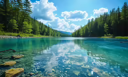a beautiful river with lots of clear water surrounded by pine forest