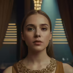 a woman with a necklace in a room