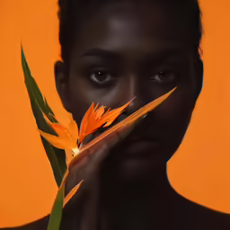 a woman is holding a flower behind her head