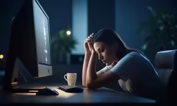 a woman sitting at a desk in front of a computer
