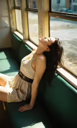 a woman leaning up against a window sill in a green bench