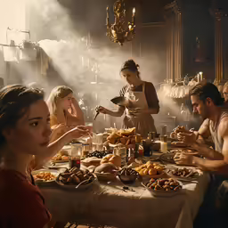 an old photo of people eating food at a long table