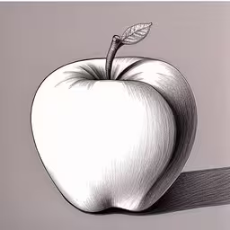 an apple with a green leaf on it,a pencil drawing of a apple on a gray background