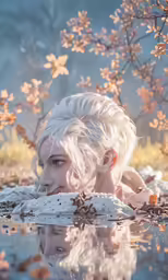 a woman in water with leaves and foliage