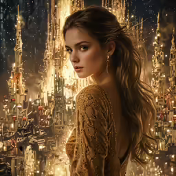 a beautiful lady looking at the camera with city lights in the background