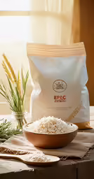 a bowl full of rice sitting next to a bag of rice