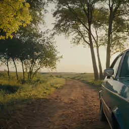 an suv parked on the side of a dirt road next to trees