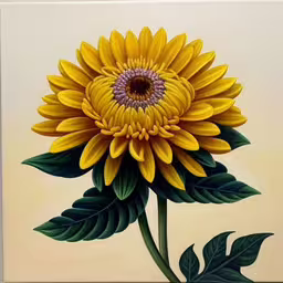a painting with yellow and green flowers on it,a close - up of the large yellow flower on display