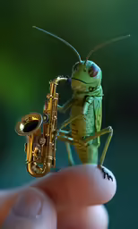 a man playing the saxophone and praying as it sits on his finger