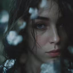 a close up of a person with flowers in their hair