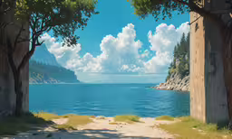 some water clouds trees and sand and a hill