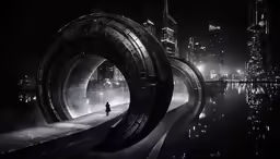 a man walking down the path towards a city with skyscrapers