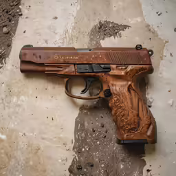 a small wooden gun laying on concrete