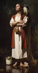 a woman holding an eagle and a bucket in the woods