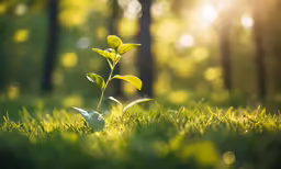 a small plant sprouts from the ground in the grass