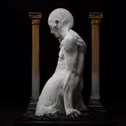 the white marble statue is in a darkened room