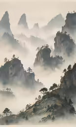 a foggy hillside with mountain tops and evergreen trees