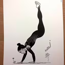 a girl on a long piece of paper is doing an acrobatic yoga pose,the painting of a person doing an acrobatic dance