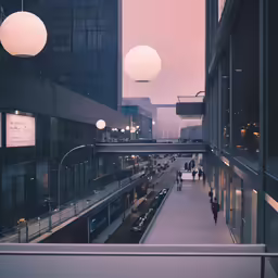 people are walking through an urban setting at dusk