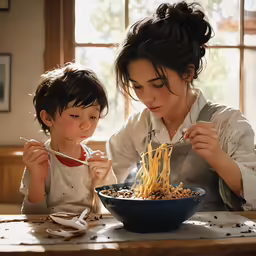 a mom and daughter enjoy a bowl of noodles
