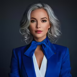 the portrait of a blonde woman wearing a blue suit