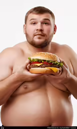 a fat man with a hamburger and fries in his hands