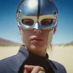a woman with futuristic attire and goggles on