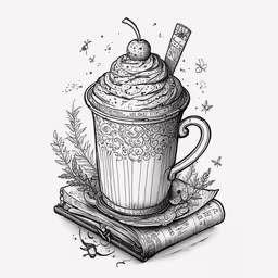 coffee with whipped cream in a glass on books,a drawing of a cupcake with whipped cream on top