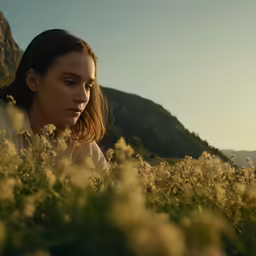 a woman sits in tall grass and stares at something
