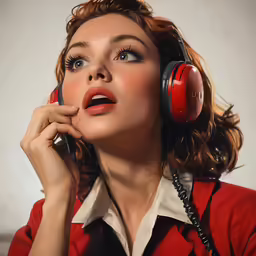 a beautiful woman holding up head phones to her ears