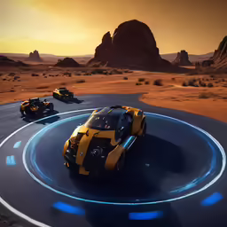 the three yellow race cars are coming towards the camera