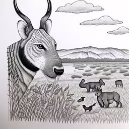 a picture of a zebra, a zebra, and other animals standing in an open field,a drawing of a gazelle in a field with many animals