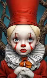 a little child dressed up in a creepy clown costume