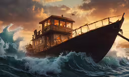 a big ship that is in the ocean,a boat is sailing through the ocean with its lights on