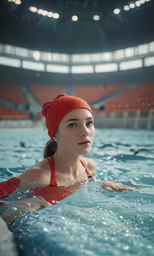 a young lady sits in a pool wearing a bright orange bathing hat