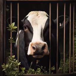a cow that is looking through a cage