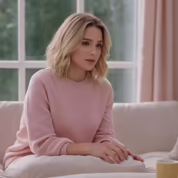 a woman with blond hair sitting on a couch
