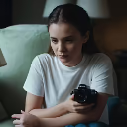a girl in a white shirt holding a camera and looking at it